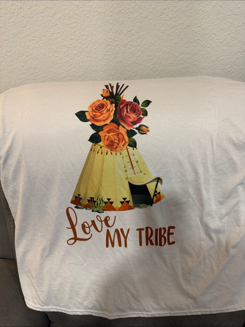 Jerzees White Tee with Yellow Teepee and Orange Floral Graphic